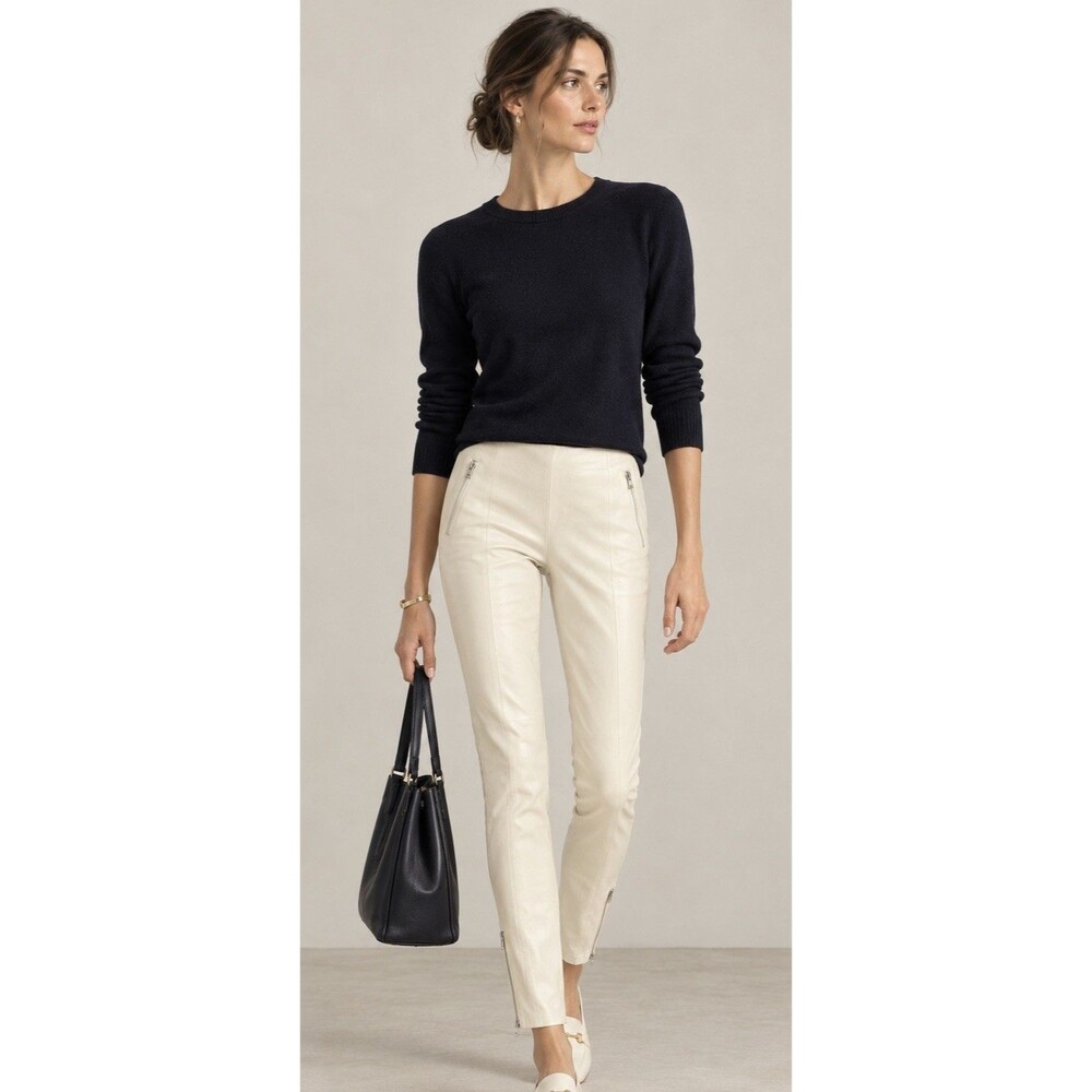 Polo Ralph Lauren Womens Ivory Leather Pants Ankle Zip Zipper Pockets sz 6